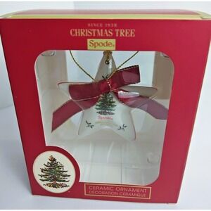 Spode Christmas Tree Star Ceramic Ornament Red Bow Handcrafted New in Box